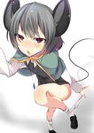  :o animal_ears bad_id bad_pixiv_id black_dress capelet dress eyes_visible_through_hair grey_hair highres hiiragi_ken long_sleeves mouse_ears mouse_girl mouse_tail nazrin open_mouth panties panties_around_one_leg panty_pull perspective red_eyes shirt short_dress short_hair solo standing standing_on_one_leg tail thighs touhou underwear v-shaped_eyebrows white_panties white_shirt 