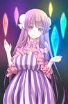  bad_id bad_pixiv_id blush bow bowtie breasts bun_cover capelet commentary_request cowboy_shot double_bun dress frills hair_bow hair_ribbon large_breasts long_hair looking_at_viewer no_hat no_headwear patchouli_knowledge philosopher's_stone pink_bow pink_neckwear purple_eyes purple_hair ribbon shigemiya_kyouhei sidelocks smile solo striped striped_dress touhou tress_ribbon twitter_username very_long_hair white_bow 