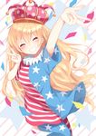  american_flag_dress american_flag_legwear bangs blonde_hair blush clownpiece commentary_request crown dress hat igakusei jester_cap long_hair neck_ruff outstretched_arm polka_dot pun short_dress short_sleeves smile solo star striped teeth thighhighs touhou v very_long_hair 