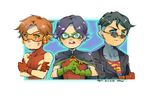  3boys bart_allen black_hair blue_eyes brown_hair cape crossed_arms dated dc_comics domino_mask earring gloves goggles green_gloves impulse jacket kon-el male_only mask multiple_boys red_gloves robin_(dc) sunglasses superboy tim_drake yellow_eyes young_justice 