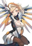  :o bangs between_legs black_footwear blonde_hair blue_eyes boots breasts brown_legwear cleavage gloves head_tilt high_ponytail holding holding_weapon large_breasts leotard long_hair looking_at_viewer mechanical_halo mechanical_wings mercy_(overwatch) overwatch pantyhose ponytail shade simple_background sitting solo vococo wariza weapon white_background wings 