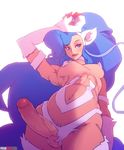  blue_hair breasts capcom doxy erection felicia licking_lips looking_at_viewer navel newhalf penis solo stomach testicles tongue_out vampire_(game) very_long_hair 