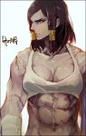  abs bad_id bad_twitter_id bandaged_arm bandages brown_hair cowboy_shot dark_skin hair_tubes long_hair looking_to_the_side muscle muscular_female naye overwatch parted_lips pharah_(overwatch) solo sports_bra upper_body 