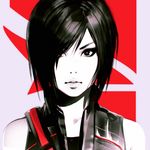  bangs bare_shoulders black_eyes black_hair facial_tattoo faith_connors hair_over_one_eye ilya_kuvshinov lips looking_at_viewer mirror's_edge mirror's_edge_catalyst monochrome parted_lips portrait short_hair solo spot_color tattoo vest 