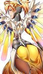 armor artist_request ass blonde_hair blue_eyes bodysuit from_behind gloves high_ponytail long_hair looking_at_viewer looking_back mechanical_halo mechanical_wings mercy_(overwatch) overwatch pantyhose ponytail shiny shiny_clothes shiny_hair skin_tight skirt smile solo wings 