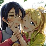  ;d ayase_eli blonde_hair blue_eyes blue_hair blush dappled_sunlight hands_on_another's_cheeks hands_on_another's_face long_hair love_live! love_live!_school_idol_project multiple_girls one_eye_closed open_mouth ponytail short_hair signature smile sonoda_umi suito sunlight yellow_eyes yuri 