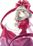  bow dress front_ponytail green_eyes green_hair hair_bow kagiyama_hina long_hair looking_at_viewer miyakure puffy_short_sleeves puffy_sleeves red_dress short_sleeves solo touhou 