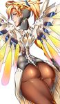  armor artist_request ass blonde_hair blue_eyes bodysuit from_behind gloves grin high_ponytail long_hair looking_at_viewer looking_back mechanical_halo mechanical_wings mercy_(overwatch) overwatch pantyhose ponytail shiny shiny_clothes shiny_hair skin_tight smile solo wings 