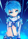  blue blue_eyes blue_hair looking_at_viewer male_focus midriff name_(oiuio) navel solo soma_(tartaros) tartaros_online 