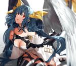  1girl adapted_costume angel_wings arc_system_works asymmetrical_wings bangs bare_shoulders black_legwear blue_hair blurry blurry_background blush bow breasts cleavage clenched_hand commentary_request cross-laced_clothes cross-laced_legwear detached_collar detached_sleeves dizzy female guilty_gear hair_between_eyes hair_bow hair_rings hand_up head_back high_heels highres kyou_zip large_breasts long_hair looking_at_viewer neck open_mouth red_eyes revealing_clothes shade sitting solo thigh_strap thighhighs twintails very_long_hair wariza white_detached_sleeves white_footwear wide_sleeves wings yellow_bow 