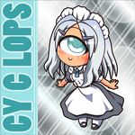  apron black_dress c: character_name chibi cuey_c_lops cyclops dress grey_eyes hair_ornament hairclip looking_at_viewer lowres maid maid_apron maid_headdress one-eyed original puffy_short_sleeves puffy_sleeves rakurakutei_ramen short_sleeves silver_hair smile solo 