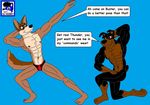  anthro buster_(lady_and_the_tramp) canine clothed clothing dialogue doberman dog german_shepherd male mammal muscular nipples nude speedo swimsuit thunderbolt topless 