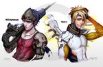  2boys arm_up blonde_hair blue_eyes character_name cigarette collarbone dated earrings genderswap genderswap_(ftm) grin gun head_mounted_display jewelry long_hair looking_at_viewer lucha_cha male_focus mechanical_halo mechanical_wings mercy_(overwatch) mouth_hold multiple_boys necklace overwatch ponytail purple_hair signature smile stud_earrings upper_body very_long_hair weapon widowmaker_(overwatch) wings yellow_eyes 