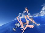  arm_support barefoot cloud day glasses kiriman_(souldeep) legs_up mop multiple_girls one-piece_swimsuit original rooftop school_uniform sky solar_panel squeegee swimsuit 