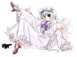  3.1-tan :3 artist_request black_cat blush brown_footwear cat dos_cat dress full_body highres long_hair long_sleeves os-tan purple_ribbon red_eyes ribbon shoes simple_background solo white_background white_dress white_hair 