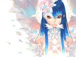  angel blue_hair copyright_request flower hakua_ugetsu long_hair red_eyes solo wallpaper wings 