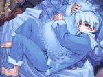  bangs barefoot bed blue_hair blush fingernails frilled_pillow frills from_above full_body hat indoors irumo_haruaki kotonomiya_yuki light_smile long_sleeves lying nightcap on_side pajamas pillow pillow_hug red_eyes short_hair snowflake_print snowman_print solo suigetsu toenails wallpaper 