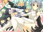  2boys 5girls animal_ears artist_request aruruw bird_wings black_wings blush diy dog_ears elbow_gloves everyone garter_straps gloves hakuoro highres kamyu lace lace-trimmed_gloves multiple_boys multiple_girls mutsumi_(utawareru_mono) sweatdrop thighhighs urtoriy utawareru_mono wallpaper white_gloves white_legwear wings yuzuha_(utawareru_mono) 