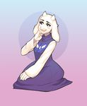  2015 anthro black_eyes blue_background blush boss_monster breasts caprine clothed clothing english_text female fur goat horn mammal open_mouth purple_background robe simple_background solo text tongue toriel undertale video_games waitress_(artist) watermark white_fur white_horn 