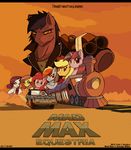  2015 applejack_(mlp) car clothing cowboy_hat crossed_arms crossover desert droll3 earth_pony equine female feral fluttershy_(mlp) friendship_is_magic group gun hair hat hi_res horn horse jacket looking_at_viewer mad_max male mammal multicolored_hair my_little_pony neckerchief outside parody pinkie_pie_(mlp) pony rainbow_dash_(mlp) ranged_weapon rarity_(mlp) shotgun smile text train twilight_sparkle_(mlp) underhoof unicorn vehicle weapon 