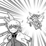 ^_^ american_flag_dress chasing closed_eyes clownpiece commentary fairy_wings fleeing greyscale hat jester_cap kishin_sagume monochrome motion_lines multiple_girls shaded_face shikushiku_(amamori_weekly) single_wing smile tag tears torch touhou turn_pale wings 