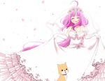  ahoge bride dress gakkou_gurashi! hair_ornament hairclip long_hair maiko_(mimi) pink_dress pink_hair pink_wedding_dress sakura_megumi smile taroumaru_(gakkou_gurashi) wedding wedding_dress 