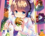  blonde_hair blue_eyes food headphones ohara_tometa original scan 