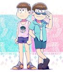  blue_neckwear brown_eyes brown_hair character_name cosplay costume_switch dated hand_in_pocket loose_necktie male_focus matsuno_karamatsu matsuno_karamatsu_(cosplay) matsuno_todomatsu matsuno_todomatsu_(cosplay) multiple_boys necktie osomatsu-kun osomatsu-san sequins short_shorts shorts show_chiku-by sunglasses tank_top 