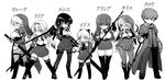  6+girls alicia_(null) amulet axe backpack bag bangs black_sclera blunt_bangs blush book boots braid breasts capelet chibi coat commentary_request dress dual_wielding elbow_gloves eyes_visible_through_hair fighting_stance french_braid frilled_legwear frilled_skirt frills glasses gloves greyscale gun habit hair_over_one_eye hairband hand_on_own_chest height_difference holding holding_axe holding_book holding_sword holding_weapon iris_(null) jpeg_artifacts kirie_(null) knee_boots kneehighs kurou_(null) large_breasts lilia_(null) long_hair lushe_(null) monochrome monocle multiple_girls necktie null_(nyanpyoun) open_book original pants pantyhose polearm randoseru rifle scarf serena_(null) sheath short_hair short_necktie side_slit simple_background single_braid skirt small_breasts spear sword test_tube thigh_boots thigh_strap thighhighs translated unsheathing weapon white_background zettai_ryouiki 