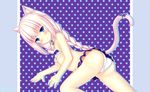  absurdres alternate_hairstyle animal_ears ass bare_shoulders bell bell_collar bikini blue_eyes blush braid cat_ears cat_tail collar highres jingle_bell long_hair looking_at_viewer lying nekopara on_side polka_dot polka_dot_background slit_pupils solo swimsuit tail tail_ornament twin_braids vanilla_(sayori) vellistix wavy_mouth white_hair 