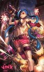  alternate_breast_size asymmetrical_clothes blue_hair braid breasts bullet covered_nipples detached_sleeves explosion fingerless_gloves gloves highres jinx_(league_of_legends) large_breasts league_of_legends long_hair midriff navel red_eyes rope_play shorts sideboob single_thighhigh solo tattoo thigh_strap thighhighs twin_braids very_long_hair weapon 