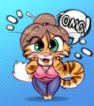  abstract_background bagelcollector big_breasts big_eyes blush breasts brown_hair chibi cute english_text feline female fur green_eyes hair hands_on_face internet_lingo lipstick mammal orange_fur ponytail short slightly_chubby speech_bubble striped_fur stripes text thick_bottom_lip thick_thighs tiger wide_hips 
