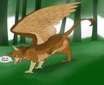  animal_genitalia anus avian balls beak birdlock blue_eyes brown_feathers butt feathers feral forest fully_sheathed gryphon lennard looking_at_viewer male sheath solo tree wings 