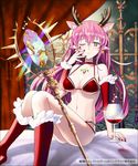  alcohol animal_ears antlers arm_support bangs bed_sheet bra breasts collarbone cup curtains detached_sleeves drinking_glass earrings gem green_eyes hair_between_eyes hand_on_own_face jewelry kuroi large_breasts long_hair looking_at_viewer nail_polish navel official_art one_eye_closed pink_hair pointy_ears red_legwear senjou_no_electro_girl sitting solo staff star underwear wine wine_glass 