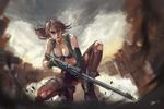  bikini blue_sky boots breasts brown_hair canyon cleavage collarbone front-tie_bikini front-tie_top full_body gloves gun highres koloromuj large_breasts long_hair looking_at_viewer metal_gear_(series) metal_gear_solid_v navel one_knee outdoors pantyhose ponytail quiet_(metal_gear) rifle scope sky sniper_rifle solo squatting suspenders swimsuit torn_clothes torn_legwear weapon 