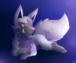  canine chibity feral fluffy fluffy_tail fur gradient_background grey_fur lying male mammal nintendo pink_nose pointy_ears pok&eacute;mon poochyena quadruped red_eyes sharp_teeth simple_background solo teeth video_games 