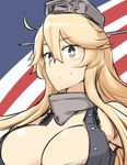  ahoge american_flag blonde_hair breasts cleavage flag_background hamu_koutarou iowa_(kantai_collection) kantai_collection large_breasts long_hair smile solo star star-shaped_pupils symbol-shaped_pupils upper_body 
