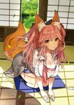  animal_ears black_legwear blush bow breasts cleavage fate/extella fate/extra fate_(series) fox_ears fox_tail fusuma hair_bow kneehighs large_breasts leaf long_hair non-web_source pink_hair plaid plaid_skirt seiza shadow sitting skirt sliding_doors smile solo table tail tamamo_(fate)_(all) tamamo_no_mae_(fate) twintails unbuttoned wada_aruko yellow_eyes 