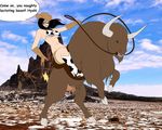  1girl background bayonetta bison black_hair boots canyon cow_print cowgirl glasses gloves hat horns lactation long_hair milk reins riding saddle sexy slapping speech_bubble udder 