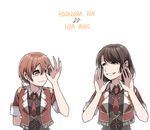  bad_hands bangs bokura_no_live_kimi_to_no_life character_name clipe crescent crescent_earrings earrings eighth_note fringe_trim grin hoshizora_rin iida_riho jewelry love_live! love_live!_school_idol_project multiple_girls musical_note necktie ok_sign orange_hair red_neckwear seiyuu_connection short_sleeves simple_background smile swept_bangs upper_body white_background 