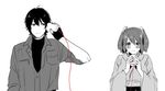  1girl bad_id bad_twitter_id blush fingerless_gloves gloves hakama japanese_clothes kantai_collection mechanic_kurokawa monochrome nagomi_(mokatitk) red_string souryuu_(kantai_collection) string string_phone twintails 