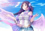  angel_wings bare_shoulders blush breasts character_name choker detached_sleeves dress feathers flower ginopi green_eyes hair_flower hair_ornament happy_birthday headset highres large_breasts long_hair love_live! love_live!_school_idol_project purple_hair smile solo strapless strapless_dress toujou_nozomi twintails wings 