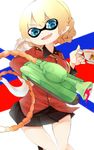  amai_nekuta black_skirt blonde_hair blue_eyes braid commentary cup darjeeling domino_mask fang fusion girls_und_panzer ground_vehicle holding inkling jacket long_sleeves looking_at_viewer mask military military_uniform military_vehicle miniskirt motor_vehicle open_mouth pleated_skirt pointy_ears red_jacket short_hair skirt smile solo splatoon_(series) splatoon_1 st._gloriana's_military_uniform standing tank teacup teapot tentacle_hair tied_hair uniform 