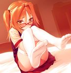  bed beige_shirt black_vest blew_andwhite blush collared_shirt feet full_body glasses hair_intakes highres hisakawa_kaede leg_hug legs_up long_hair looking_at_viewer no_shoes orange_hair original panties pantyshot pink_panties pleated_skirt red-framed_eyewear red_skirt shirt short_sleeves sitting skirt soles solo thighhighs twintails underwear vest white_legwear yellow_eyes 