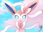  clouds lens_flare looking_at_viewer nirvanilla open_mouth pink_fur pokemon simple_background sylveon 