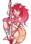  :d animal_ears bow cat_ears cat_tail fur gedou_danshaku mahou_shoujo_madoka_magica navel open_mouth pole_dancing red_eyes red_hair sakura_kyouko smile solo stripper_pole tail v-shaped_eyebrows 