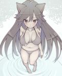  animal_ears bad_id bad_pixiv_id barefoot bikini black_bikini breast_lift breasts collarbone from_above imaizumi_kagerou large_breasts long_hair navel red_eyes self_fondle smile solo swimsuit touhou very_long_hair wading water waves wolf_ears zuttokodomo 