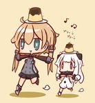  :d ahoge anchor_hair_ornament aqua_eyes balancing_on_head beamed_eighth_notes chibi commentary dress eighth_note food food_on_head hair_ornament horns kantai_collection light_brown_hair long_hair mittens multiple_girls musical_note northern_ocean_hime nuu_(nu-nyu) object_on_head open_mouth outstretched_arms plate pleated_skirt prinz_eugen_(kantai_collection) pudding pun red_eyes shinkaisei-kan size_difference skirt smile spread_arms triangle_mouth twintails walking white_dress white_hair white_skin 