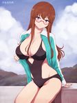  arm_at_side bangs black_swimsuit breasts brown_hair character_name cleavage closed_mouth cloud collarbone cowboy_shot day glasses groin hair_between_eyes head_tilt jacket jacket_over_swimsuit kuromukuro large_breasts long_hair niwatori_kokezou one-piece_swimsuit open_clothes open_jacket outdoors purple_eyes red-framed_eyewear sidelocks sky solo swimsuit track_jacket unami_marina 