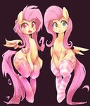  2016 bat_pony clothing cutie_mark duo equine female feral flutterbat_(mlp) fluttershy_(mlp) friendship_is_magic green_eyes hair kolshica legwear looking_at_viewer mammal my_little_pony open_mouth orange_eyes pegasus pink_hair simple_background smile thigh_highs wings 